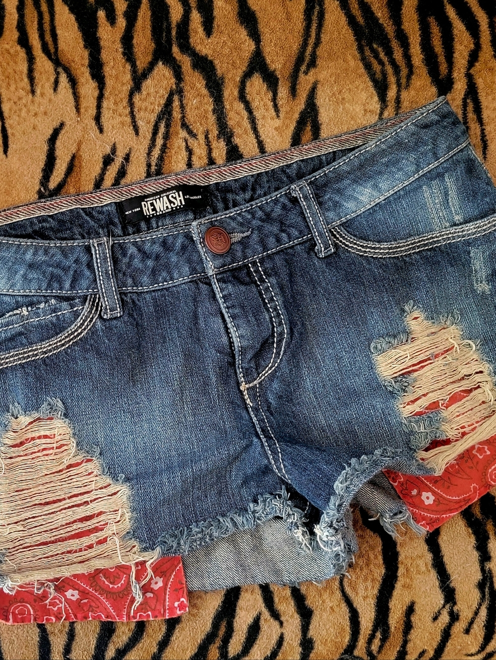 Rewash Blue Distressed Jean Shorts with Red Bandana Detail